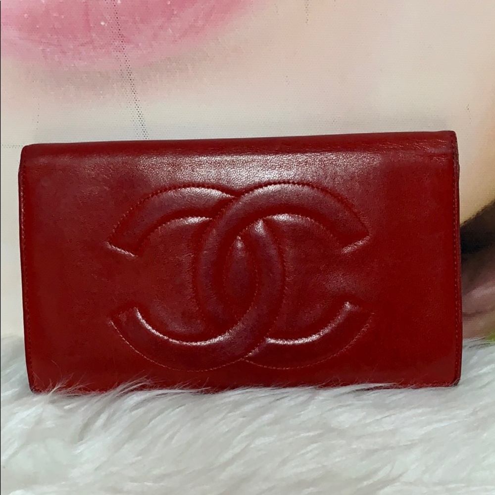 Chanel red bifold wallet with kiss lock coin purse